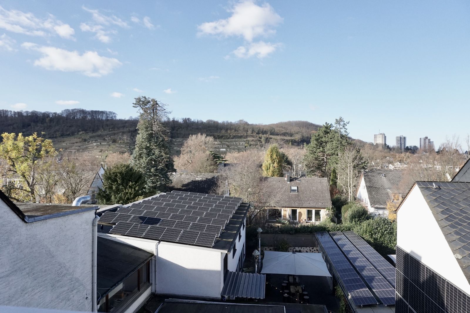 Aussicht vom Balkon ins Grüne und über die Dächer