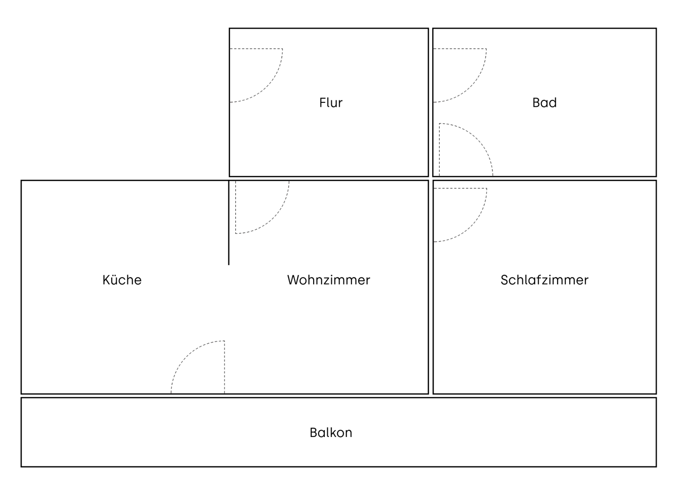 Grundriss der Ferienwohnung Eisbär: Flur, Bad, Schlafzimmer, Küche und Wohnzimmer, davor ein durchgehender Balkon